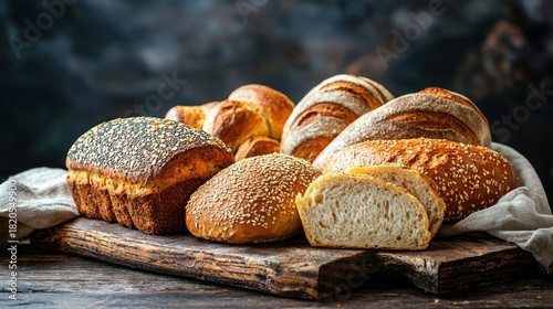 Various types of bread on a wooden cutting board.