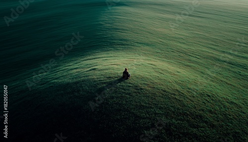 A lone person sits on a vast, green field, conveying solitude and reflection in a serene outdoor setting.