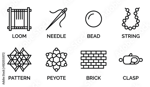 Bead art collection. Craft tools, various patterns for beadwork. Loom, needle, bead, string, clasp icons.