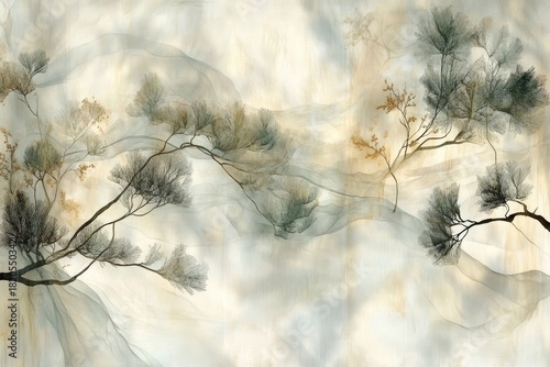 Ethereal tree branches against a smoky, watercolor background