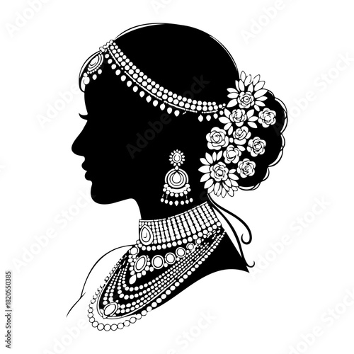 Silhouette of woman with jewelry and flowers in her hair in black and white