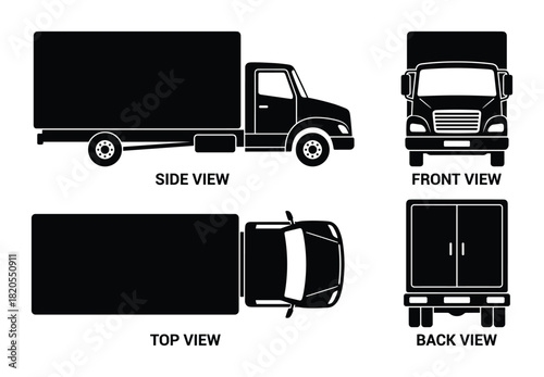 Box truck silhouette views, side view, front view, top view, back view, commercial transport vehicle