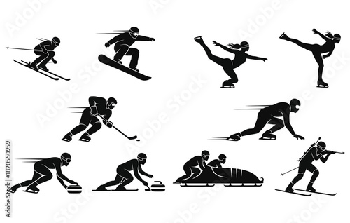 Winter Sports Icons Set Displaying Activities Like Skiing Snowboarding Ice Skating Hockey Curling Sledding and Biathlon