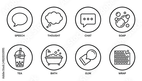 Bubble elements collection; communication, bath, drink, and chewing gum; black outline graphic design