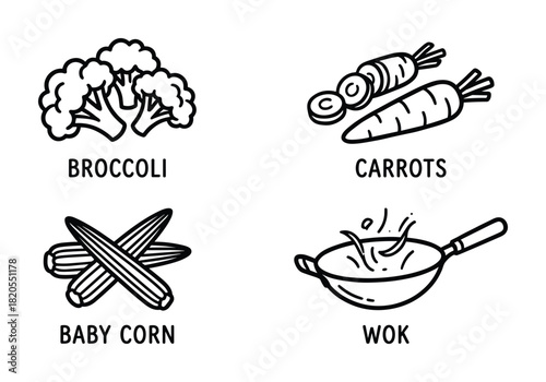 Broccoli, carrots, baby corn, and wok pan. Fresh vegetables for stir-fry cooking.
