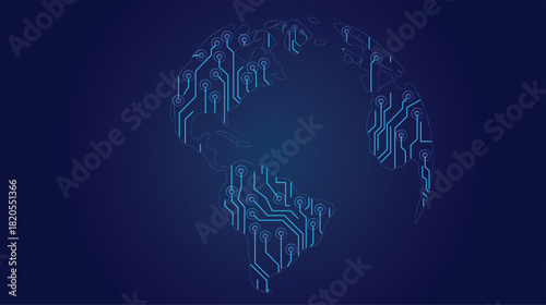 World map shaped with glowing circuitry representing futuristic technology digital innovation