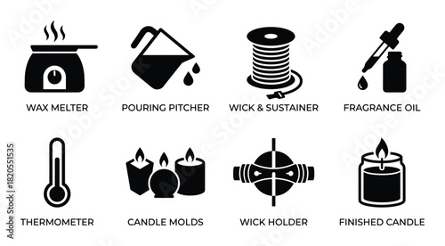 Candle making supply icons. Crafting tools and ingredients. Finished candle product.