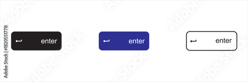 Enter button icons set for UI design. Collection of three “enter” arrow icons in different colors and styles, useful for user interface design, website buttons, and digital navigation.

