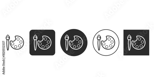 Monochrome paint palette and brush vector icon set for art apps | Simple creative art tools graphic symbols for design UI/UX | Outline and solid artist palette icon variations