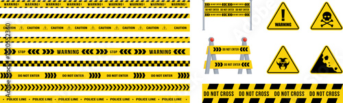 Caution tape set of yellow warning ribbons isolated on white background. Abstract warning lines for police, accident, under construction. Vector illustration of danger tape collection.