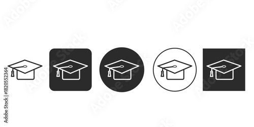 Set of academic mortarboard cap icons for educational apps Black and white graduation hat symbol vector illustration Flat design university achievement diploma icons Modern outline