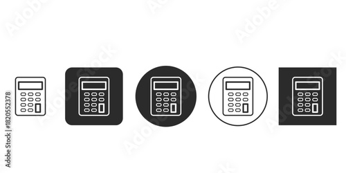 Simple calculator icon set for financial computation apps | Vector line art and glyph style accounting tool symbols | Black and white math calculator user interface elements | Modern digital keypad 