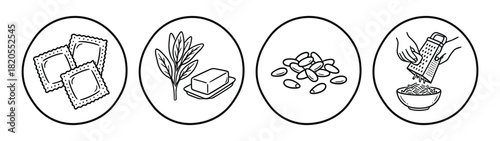 Circle icons depicting ravioli, sage butter, pine nuts, and grated cheese ingredients. Recipe elements.