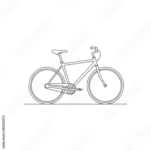 Line art illustration of a bicycle, side view, featuring wheels, frame, seat, handlebars, and pedals, isolated on a white background.