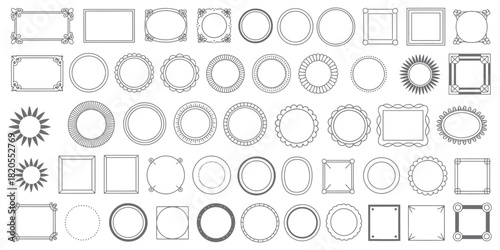 diverse collection of classic and ornate decorative frames and borders, vector illustration bundle of isolated oval, round, and square outlines, perfect for invitations, stationery, branding, 