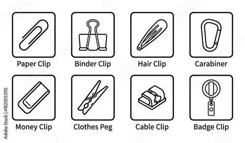 Collection of clip icons paper, binder, hair, carabiner, money, clothes peg, cable, badge clip in squares