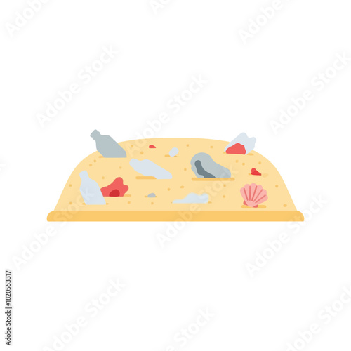 Ocean plastic pollution on sandy beach vector illustration