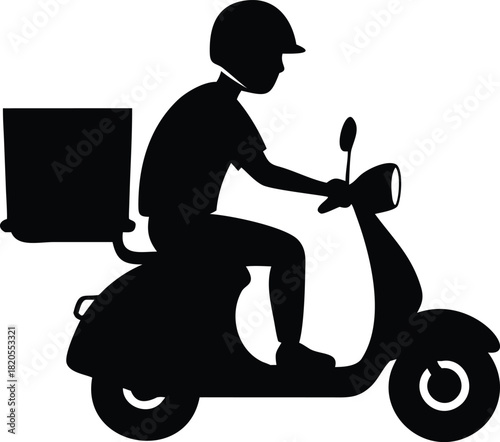 A silhouette of a delivery driver on a scooter transporting goods quickly