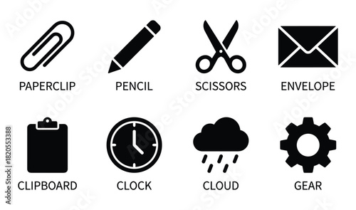 Collection of office stationery and utility icons. Paperclip, pencil, scissors, envelope, clipboard, clock, cloud, gear.
