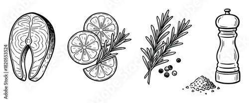 Collection of salmon steak lemon rosemary pepper and pepper mill. Seafood ingredients.