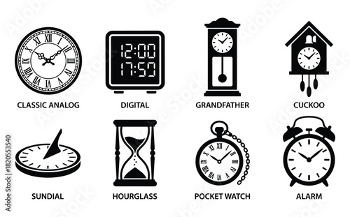 Collection of time measuring devices. classic analog digital grandfather cuckoo sundial hourglass pocket watch and alarm.