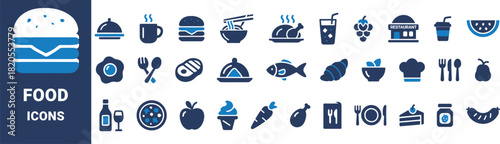 Collection of blue and white food and drink icons on dark blue background burger coffee