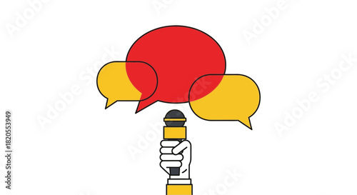 Hand holding microphone with speech bubbles interview concept
