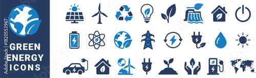 Collection of blue and white green energy icons on dark blue background renewable solar