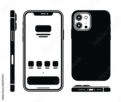 Contemporary smartphone model. Mobile phone with display. Back view side view vector.