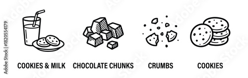 Cookies milk chocolate chunks crumbs dessert icons line art collection sweet food