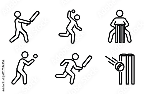 Cricket players in various actions batting, bowling, wicket keeping, and ball hitting stumps