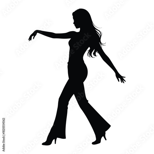 An elegant womans silhouette in a confident walking pose, showcasing grace and style, isolated on