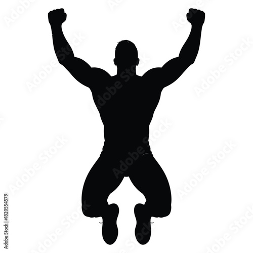 Black silhouette of a muscular man jumping with arms raised in a triumphant and celebratory pose, symbolizing success, victory, and achievement, isolated on