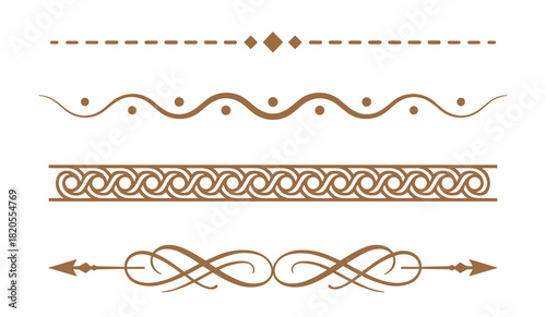 Decorative borders, page rules, and swirl patterns in brown; elegant graphic design elements.