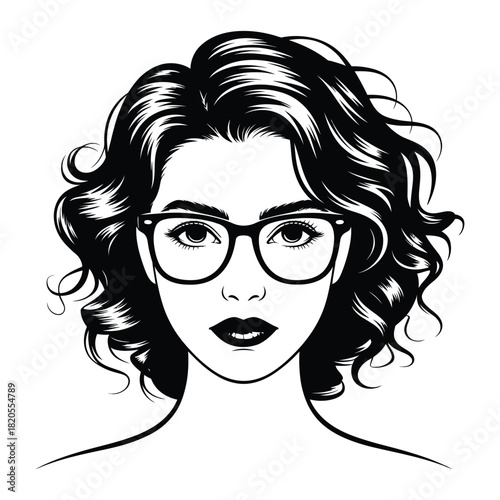 Black and white illustration of a stylish woman with short, curly hair and modern eyeglasses, with a confident and intelligent look, isolated on