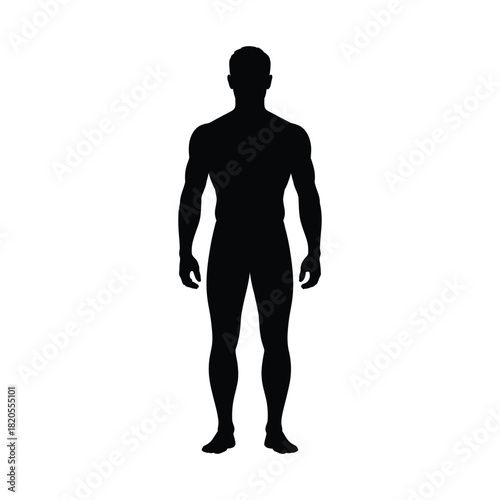 Full length black silhouette of a standing adult man, representing the human body form and anatomy, isolated on