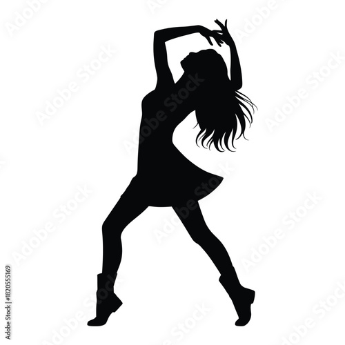 Dynamic silhouette of a graceful woman dancing with raised arms and flowing hair, embodying movement and energy, isolated on
