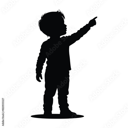 Silhouette of a young child standing and pointing upwards with their finger, a powerful image conveying direction, curiosity, or wonder, isolated on