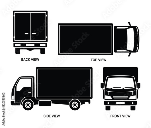 Delivery truck multiple perspectives, back, top, side, front views, commercial cargo vehicle design