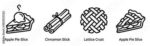 Dessert and spice outline icons. Apple pie slice with ice cream. Cinnamon stick. Lattice crust.
