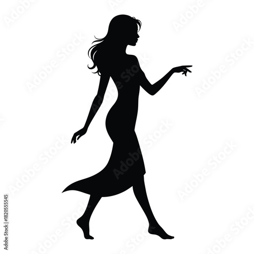 Elegant silhouette of a graceful woman walking in a flowing dress, barefoot, with long hair, isolated on