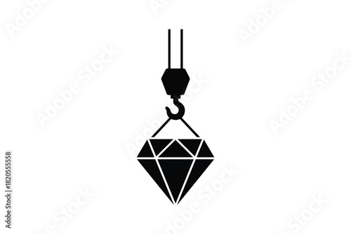 Diamond lifted by crane hook. Jewelry symbol. Precious stone extraction. Wealth and luxury icon.