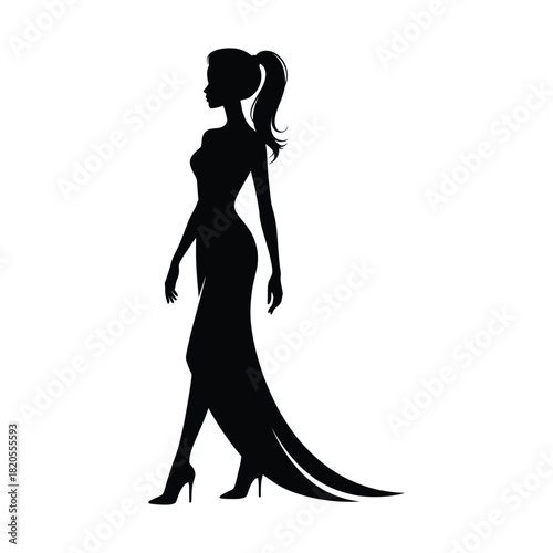 Elegant woman in a long evening gown with a high ponytail, walking gracefully, isolated on