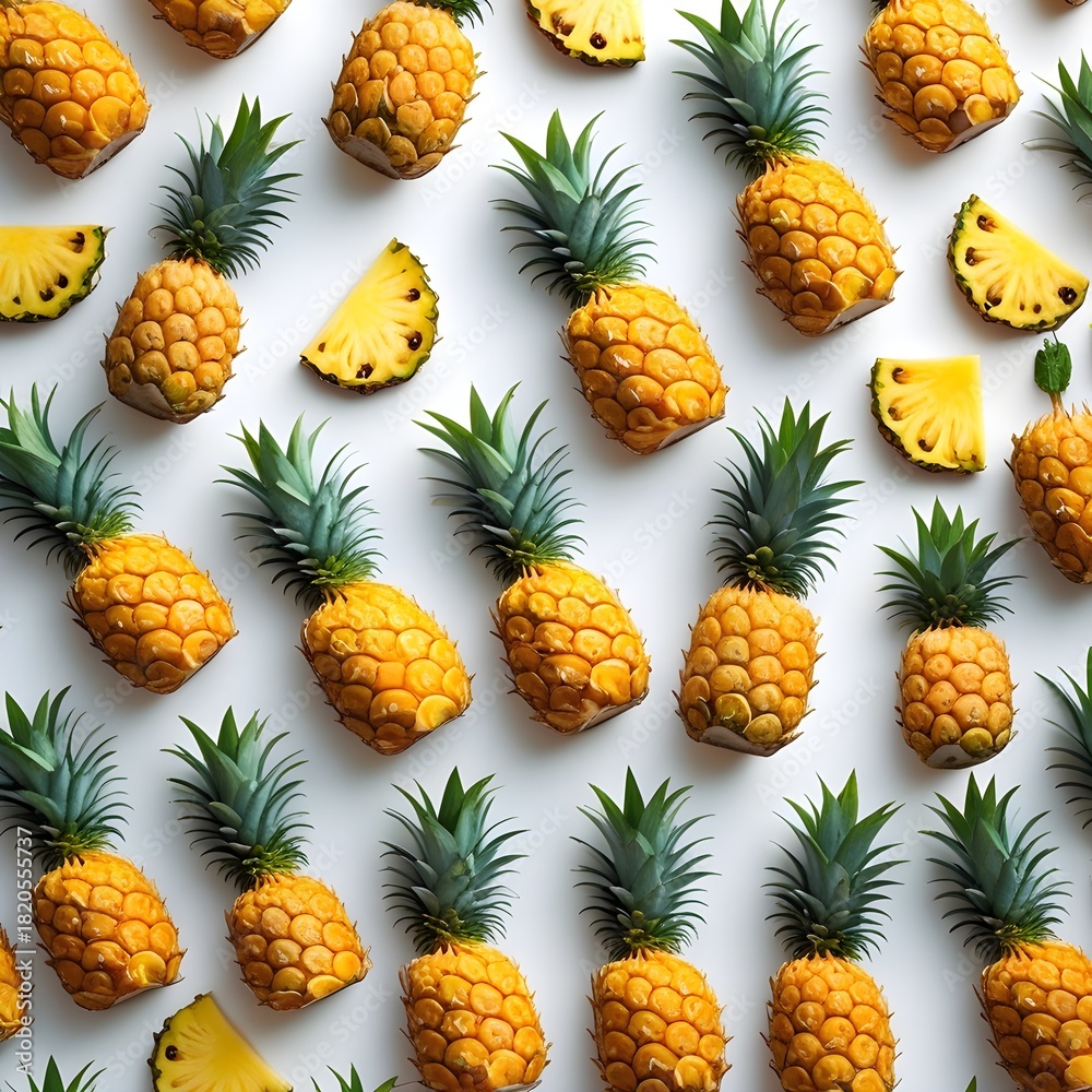 Fototapeta premium set of yellow fresh pineapple with green leaves
