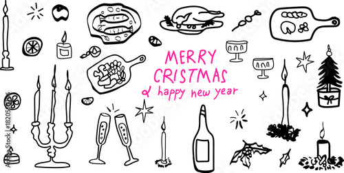 Hand drawn ink holiday menu elements collection. Retro vintage new year drawing set in doodle line art contemporary minimalist print style. Christmas table decorated with candles, food, beverage. 