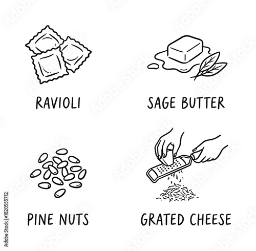 Doodle style icons for ravioli, sage butter, pine nuts, and grated cheese. Hand drawn cooking ingredients.