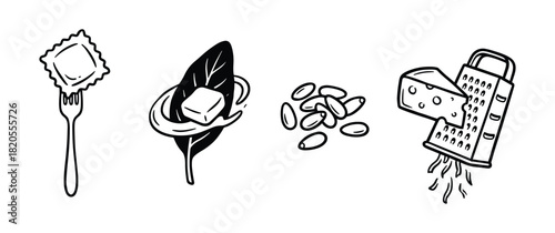 Doodle style icons. Ravioli on fork, sage butter, pine nuts, cheese grater. Hand drawn cooking ingredients.