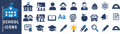 Collection of blue and white school education icons on dark blue background building students