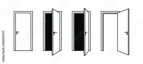 Door icons. Open door. Closed door. Interior entrance. Exit symbol. Home element. Room access. Simple design.