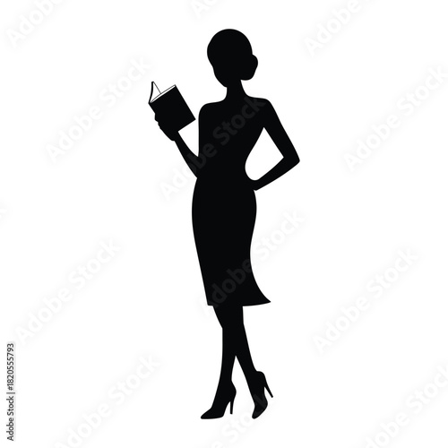 Elegant silhouette of a woman standing and reading a book, representing education, knowledge, and intellectual pursuits, isolated on